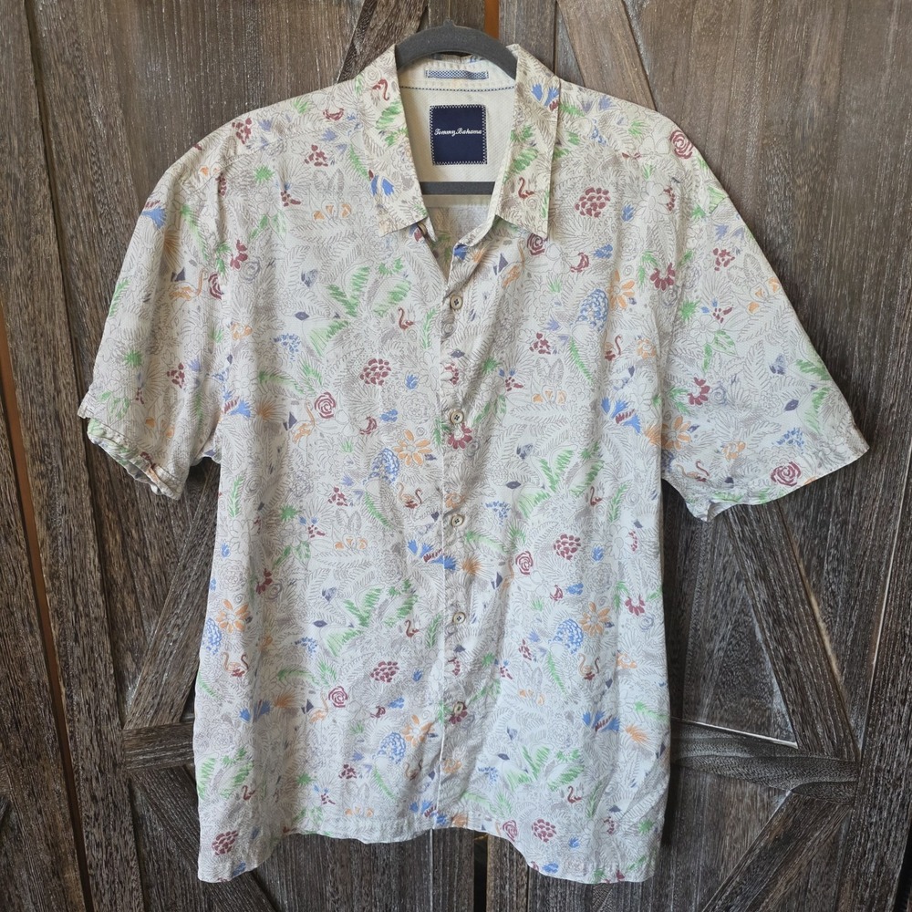 Tommy Bahama Shirt Men's XL White Floral Tropical Print Button Up Short Sleeve